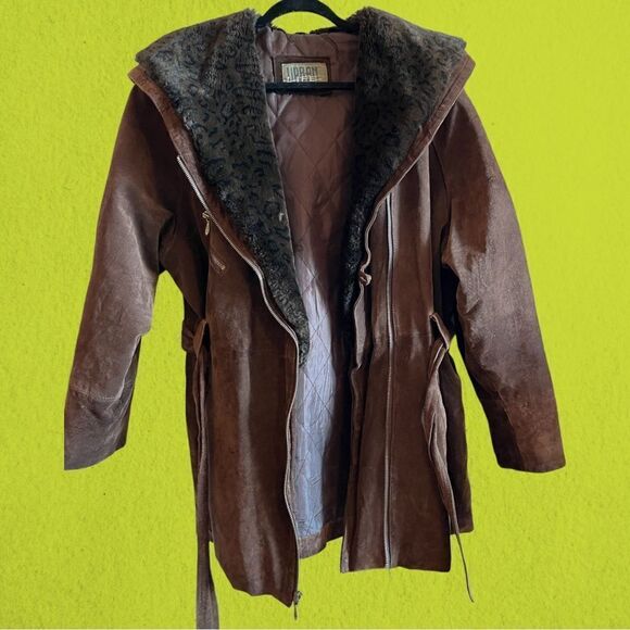 90s vintage brown suede leather coat faux fur hood - Picture 3 of 7